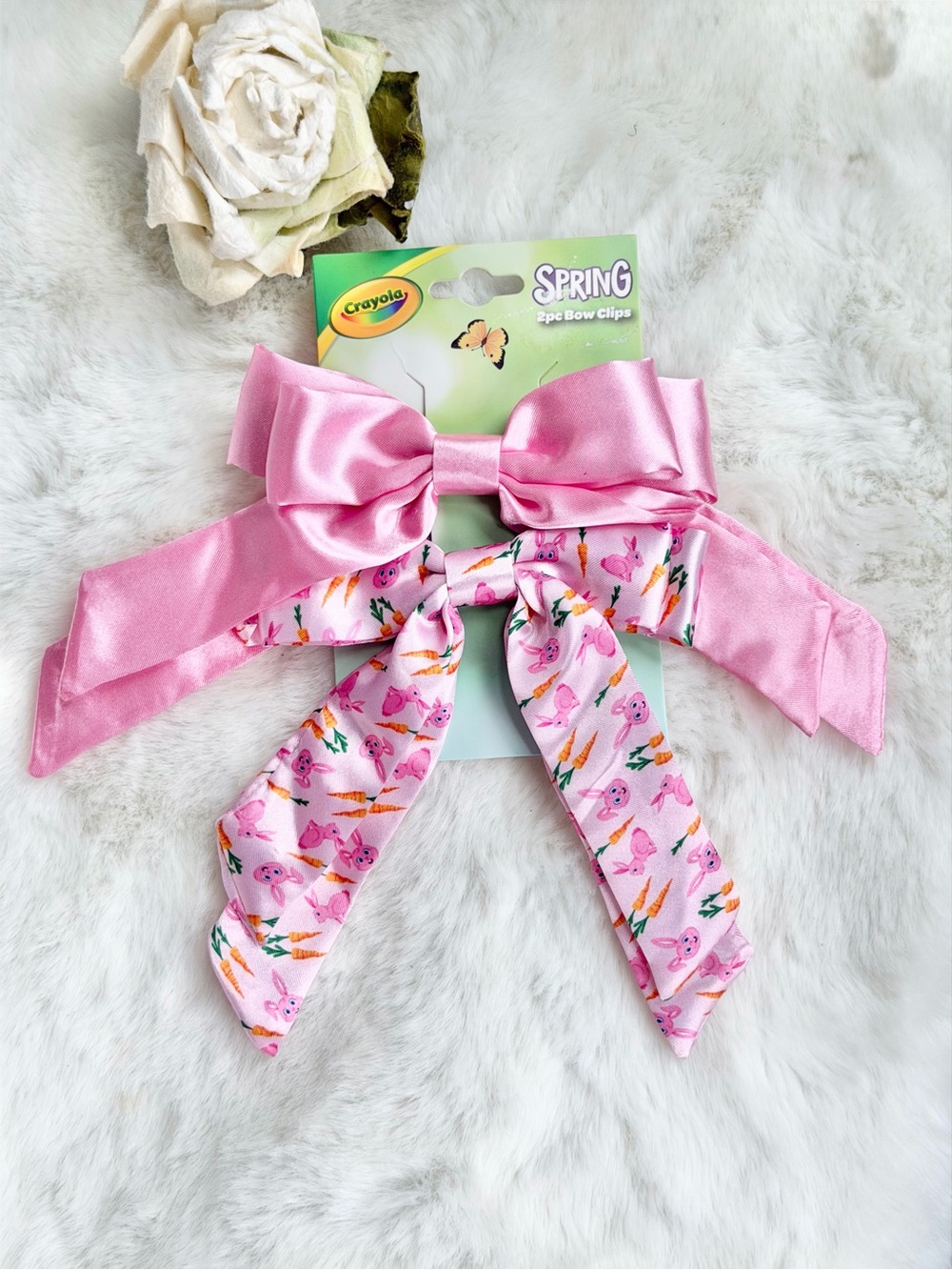 New with tags Pink Satin and Printed Ribbon Bow Clips - Set of 2